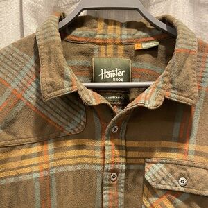 Howler Brothers Men's Plaid Flannel Shirt - Brown, Green, and Orange